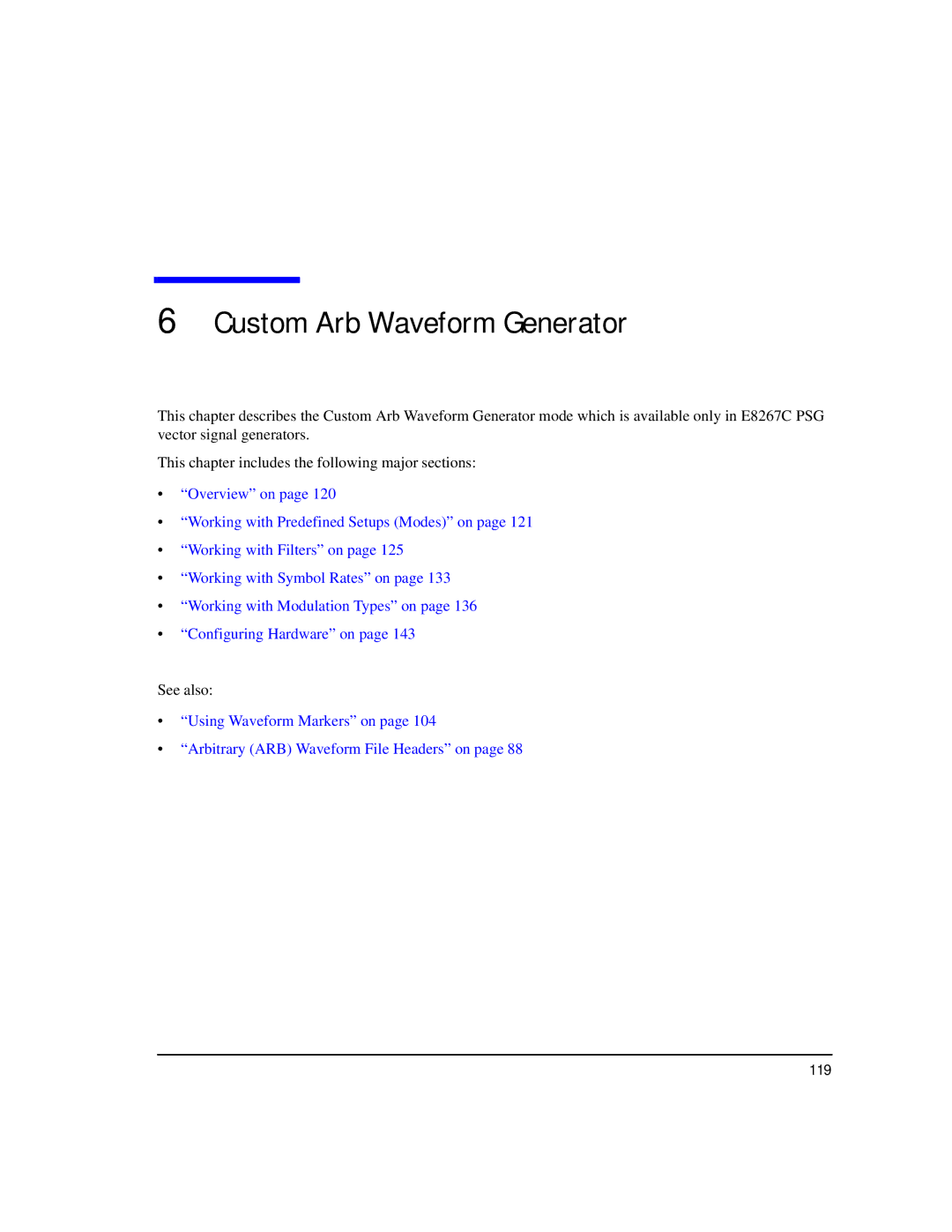 Agilent Technologies E8267C PSG, E8247C PSG CW, E8257C PSG manual Custom Arb Waveform Generator, 119 