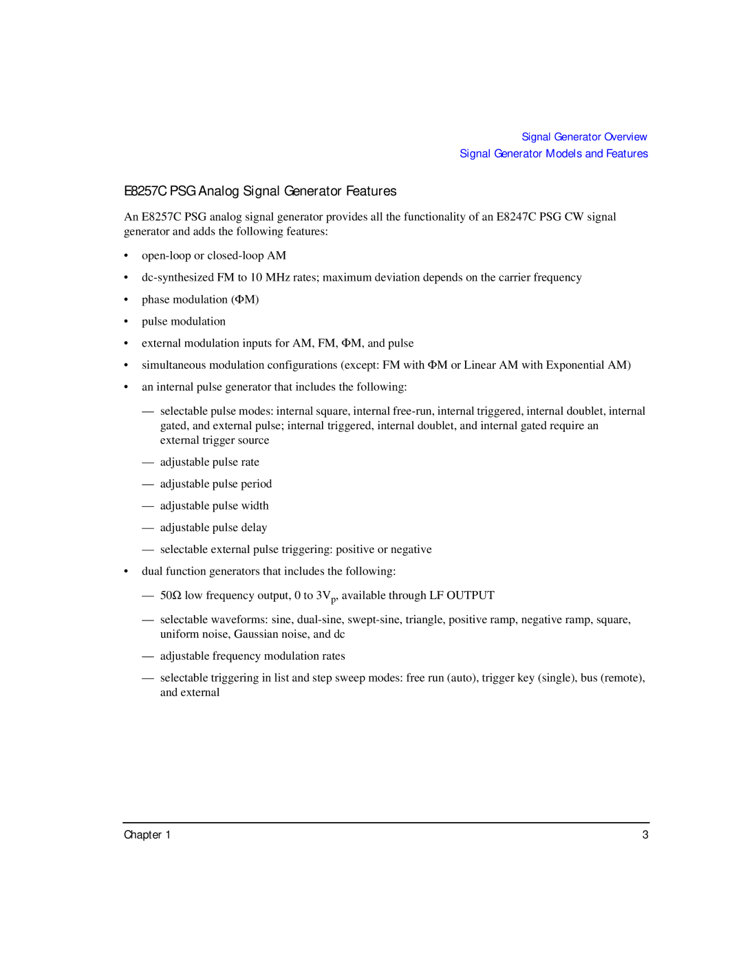 Agilent Technologies E8247C PSG CW, E8267C PSG manual E8257C PSG Analog Signal Generator Features, Chapter 