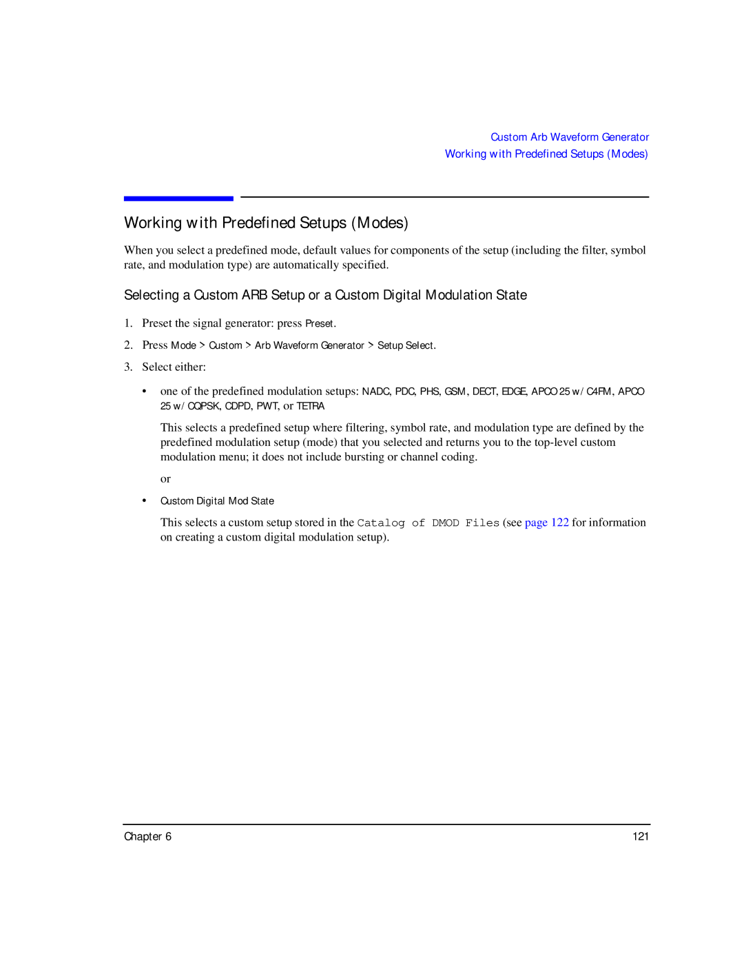 Agilent Technologies E8257C PSG, E8267C PSG, E8247C PSG CW manual Working with Predefined Setups Modes 