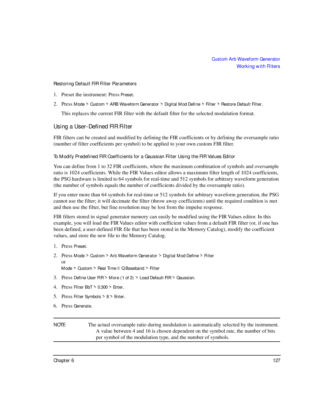 Agilent Technologies E8257C PSG, E8267C PSG manual Using a User-Defined FIR Filter, Restoring Default FIR Filter Parameters 