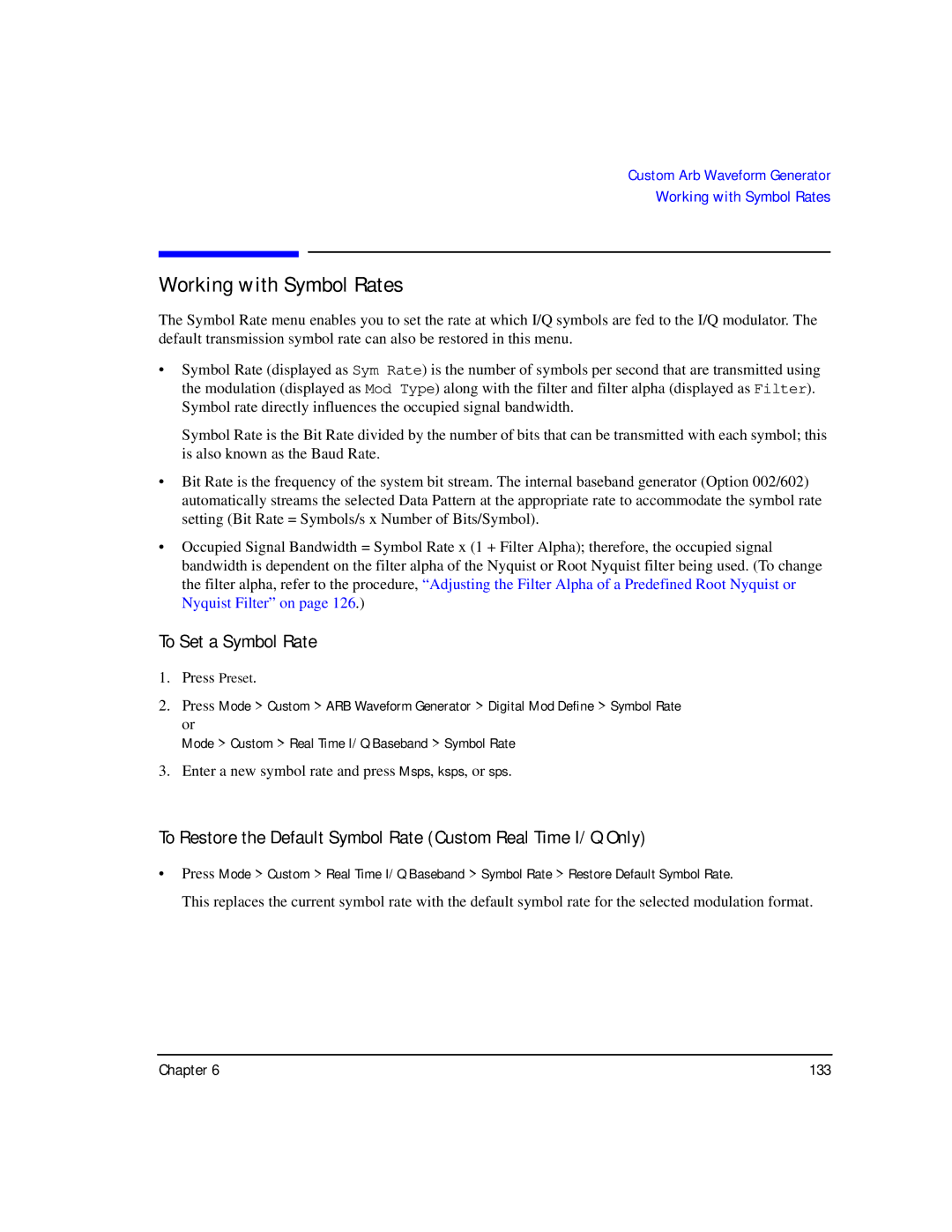 Agilent Technologies E8257C PSG, E8267C PSG, E8247C PSG CW manual Working with Symbol Rates, To Set a Symbol Rate 