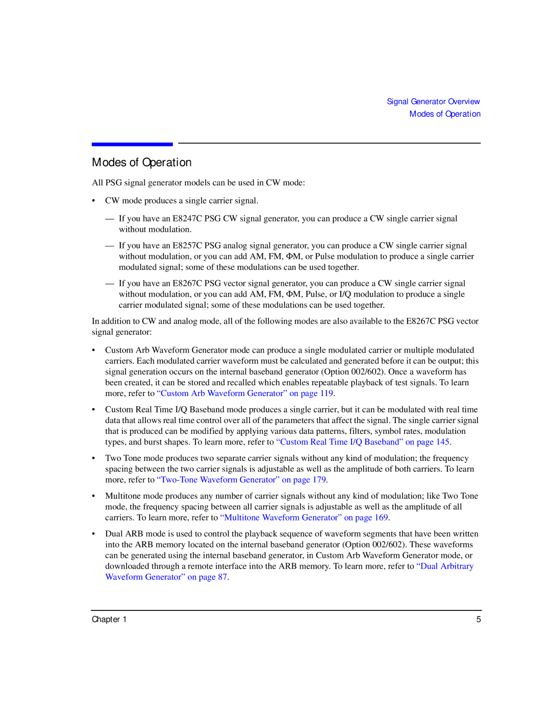 Agilent Technologies E8267C PSG, E8247C PSG CW, E8257C PSG manual Modes of Operation 
