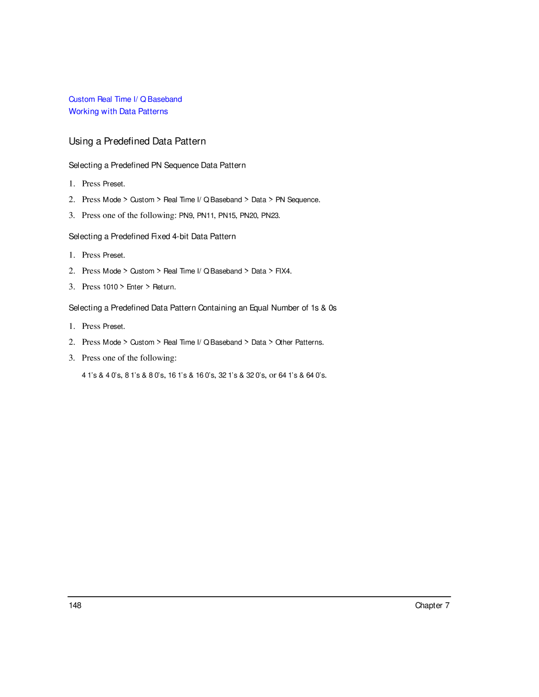 Agilent Technologies E8257C PSG manual Using a Predefined Data Pattern, Selecting a Predefined PN Sequence Data Pattern 