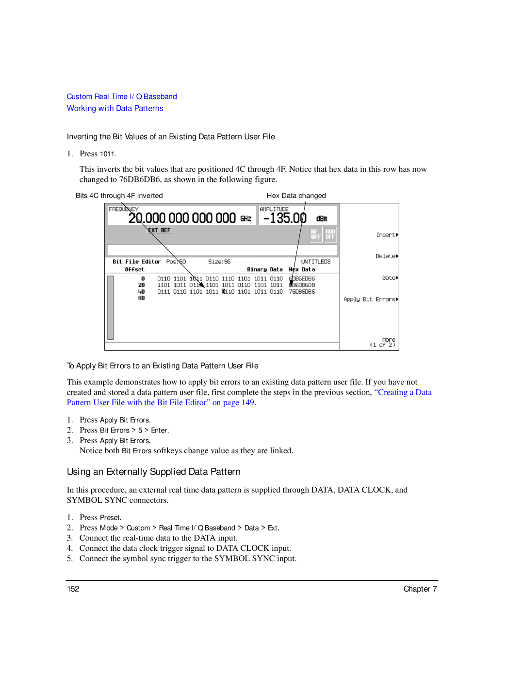 Agilent Technologies E8267C PSG, E8247C PSG CW, E8257C PSG manual Using an Externally Supplied Data Pattern 