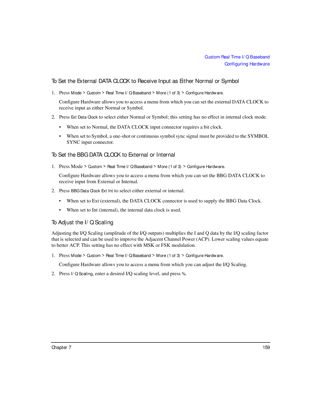 Agilent Technologies E8247C PSG CW manual To Set the BBG Data Clock to External or Internal, To Adjust the I/Q Scaling 