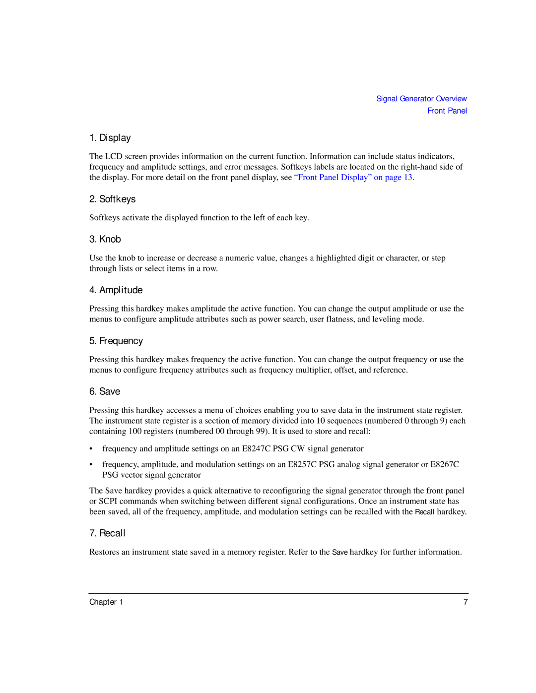 Agilent Technologies E8257C PSG, E8267C PSG, E8247C PSG CW manual Display, Softkeys, Knob, Amplitude, Frequency, Save, Recall 