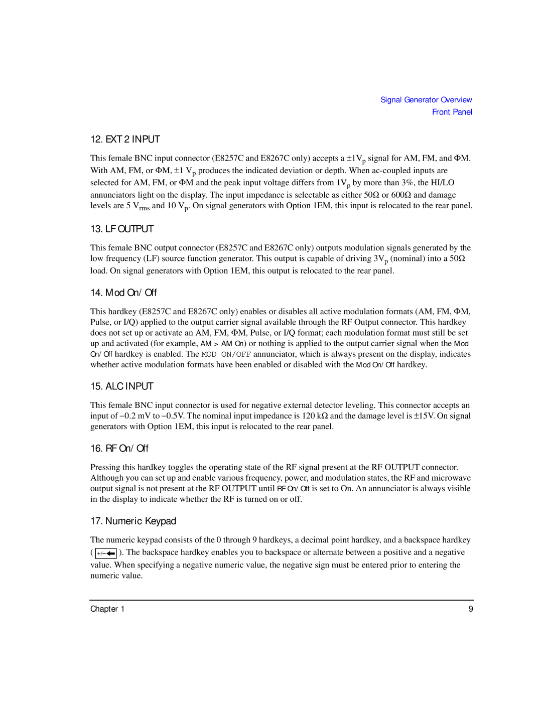 Agilent Technologies E8247C PSG CW, E8267C PSG, E8257C PSG manual Mod On/Off, RF On/Off, Numeric Keypad 
