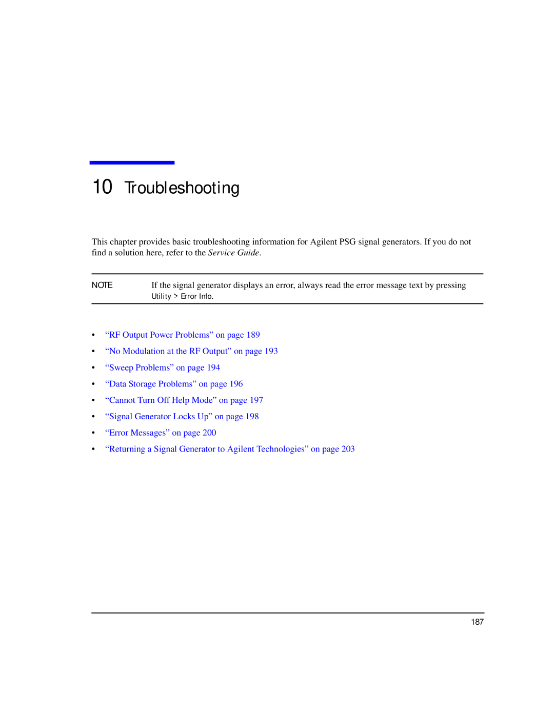 Agilent Technologies E8257C PSG, E8267C PSG, E8247C PSG CW manual Troubleshooting, 187 