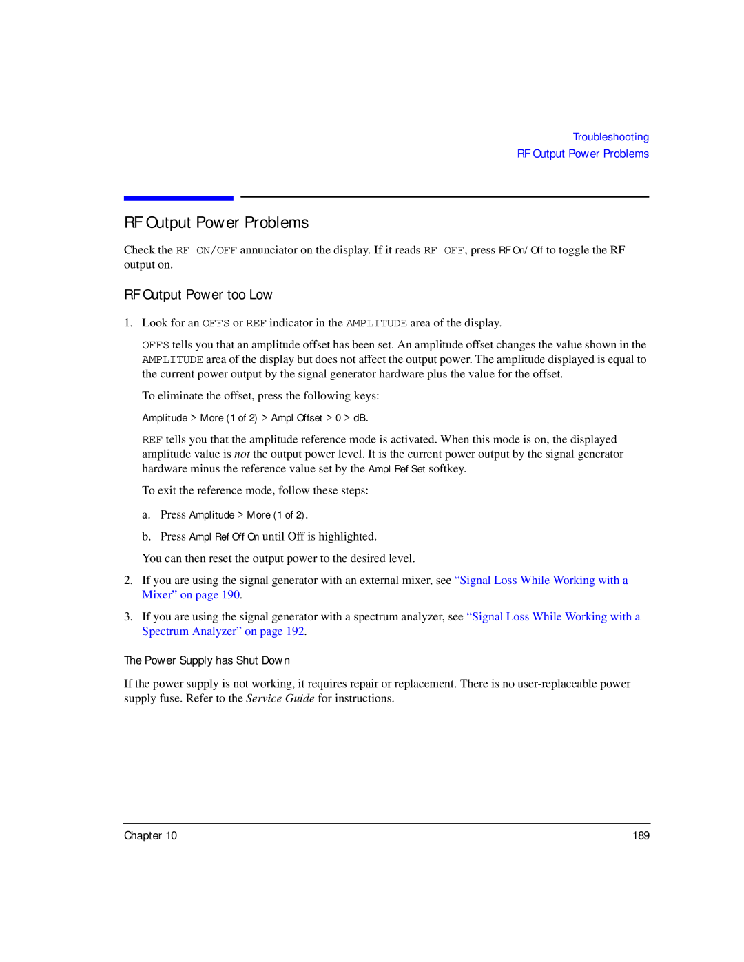 Agilent Technologies E8247C PSG CW manual RF Output Power Problems, RF Output Power too Low, Power Supply has Shut Down 