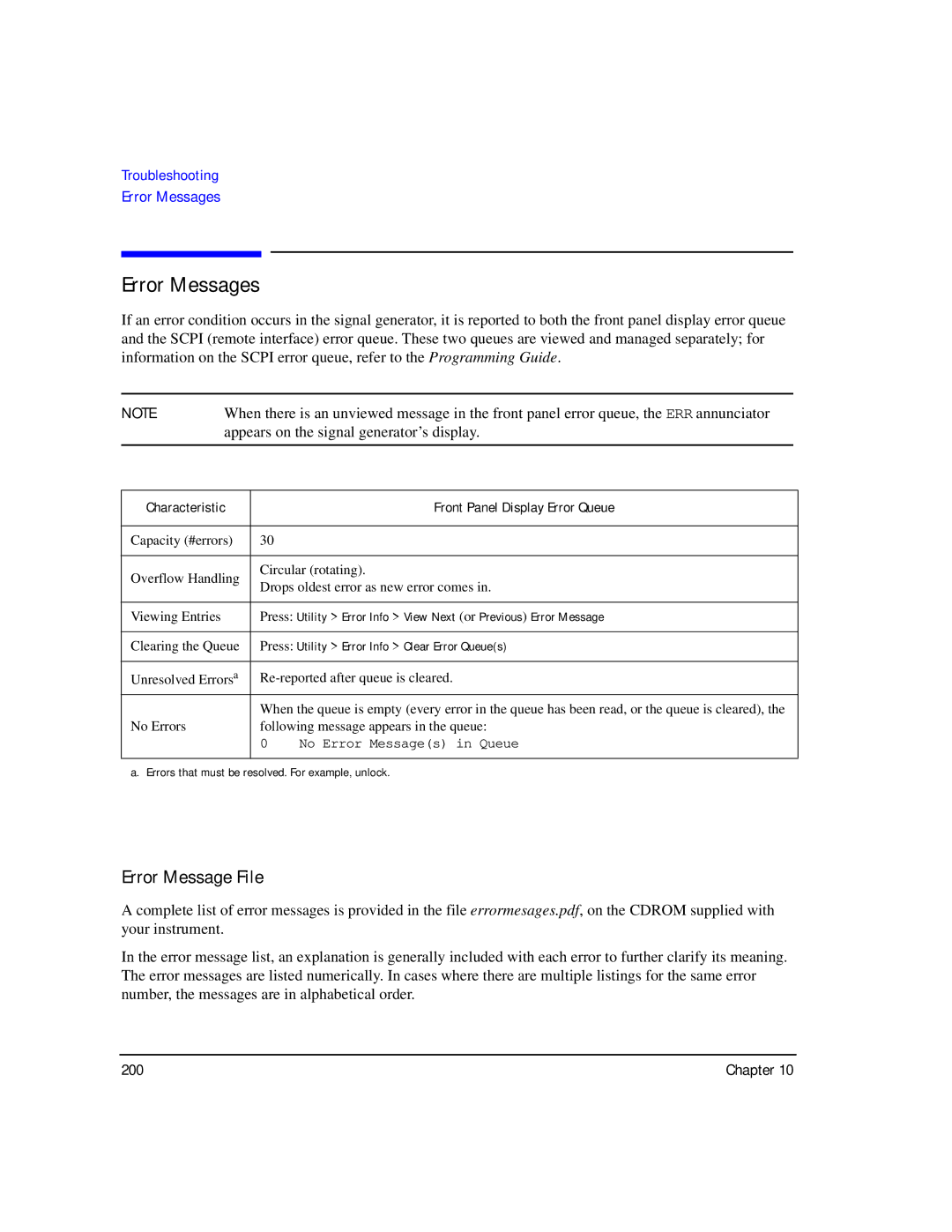 Agilent Technologies E8267C PSG, E8247C PSG CW, E8257C PSG manual Error Messages, Error Message File 