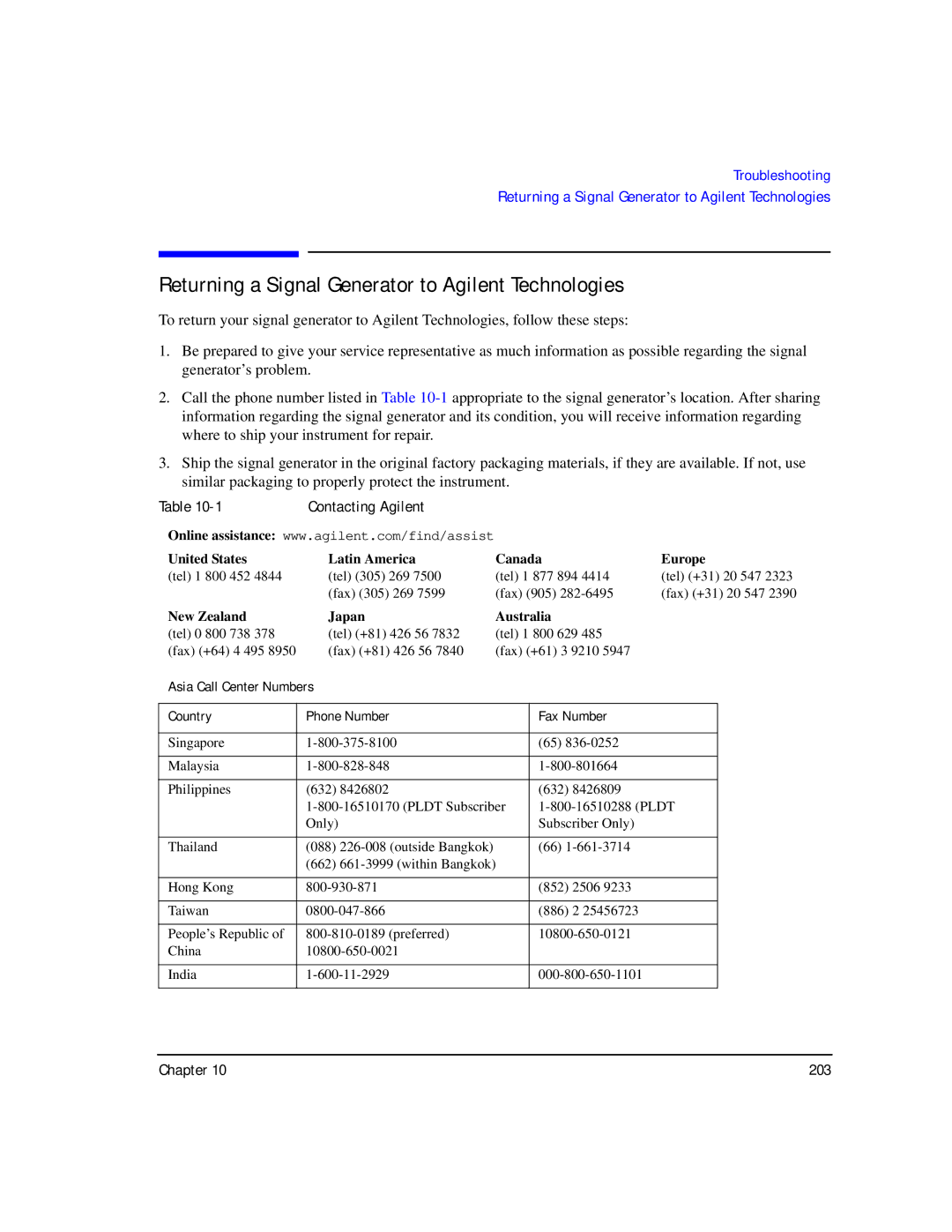 Agilent Technologies E8267C PSG, E8247C PSG CW Returning a Signal Generator to Agilent Technologies, Contacting Agilent 