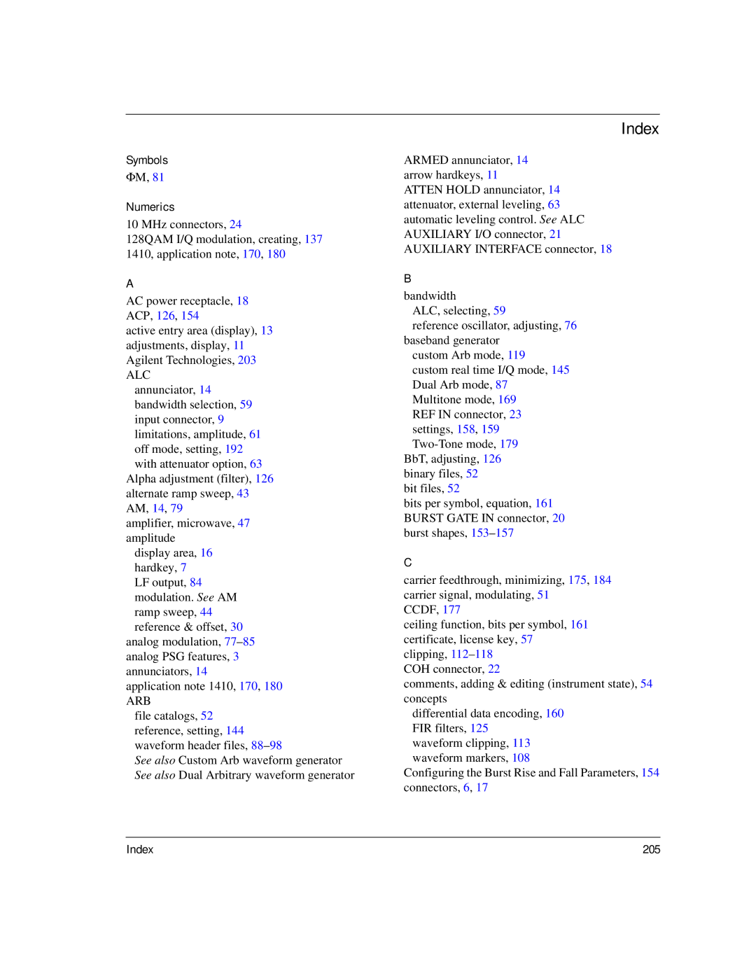 Agilent Technologies E8257C PSG, E8267C PSG, E8247C PSG CW manual Symbols Numerics, Index 205 