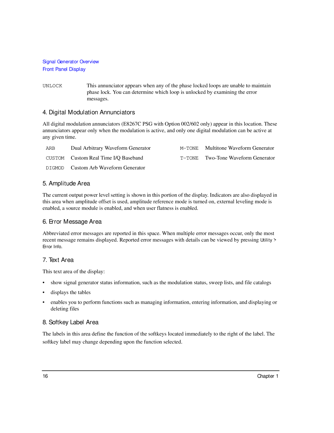 Agilent Technologies E8257C PSG, E8267C PSG Digital Modulation Annunciators, Amplitude Area, Error Message Area, Text Area 