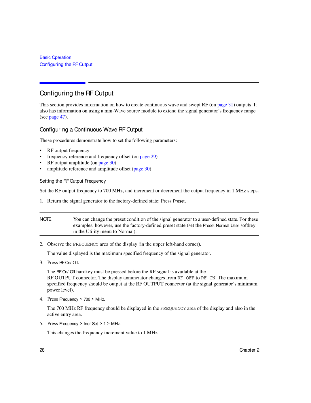 Agilent Technologies E8257C PSG, E8267C PSG manual Configuring the RF Output, Configuring a Continuous Wave RF Output 