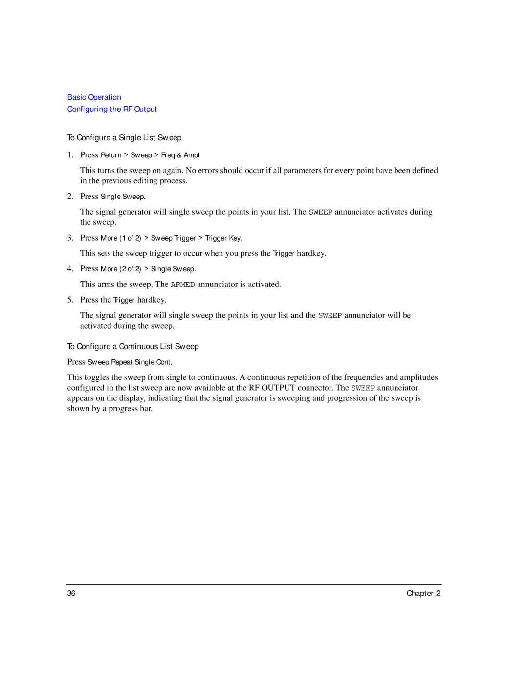 Agilent Technologies E8247C PSG CW, E8267C PSG manual To Configure a Single List Sweep, To Configure a Continuous List Sweep 