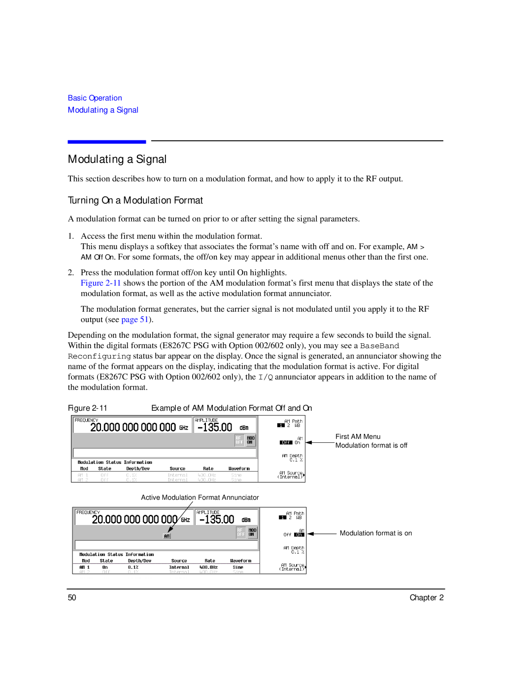 Agilent Technologies E8267C PSG, E8247C PSG CW, E8257C PSG manual Modulating a Signal, Turning On a Modulation Format 