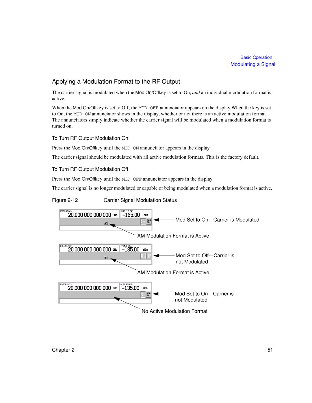 Agilent Technologies E8247C PSG CW manual Applying a Modulation Format to the RF Output, To Turn RF Output Modulation On 