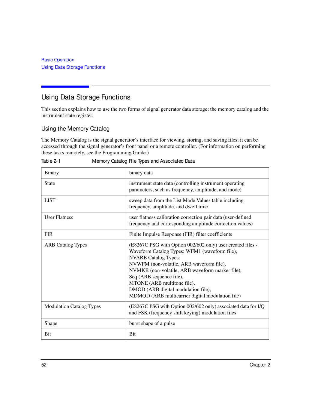 Agilent Technologies E8257C PSG, E8267C PSG, E8247C PSG CW manual Using Data Storage Functions, Using the Memory Catalog 