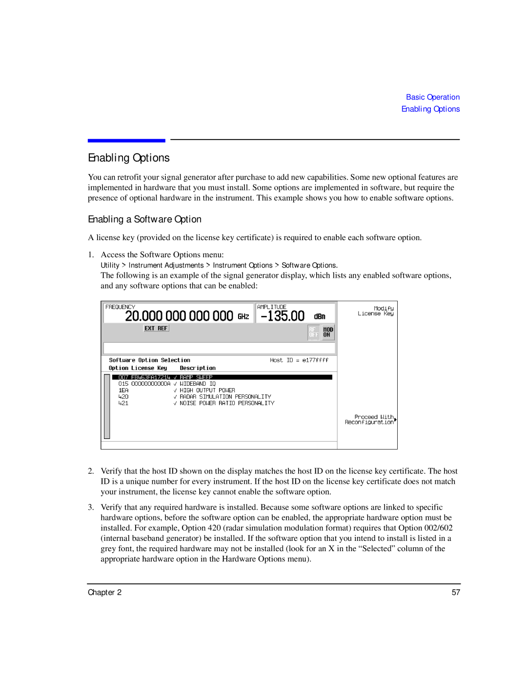 Agilent Technologies E8247C PSG CW, E8267C PSG, E8257C PSG manual Enabling Options, Enabling a Software Option 