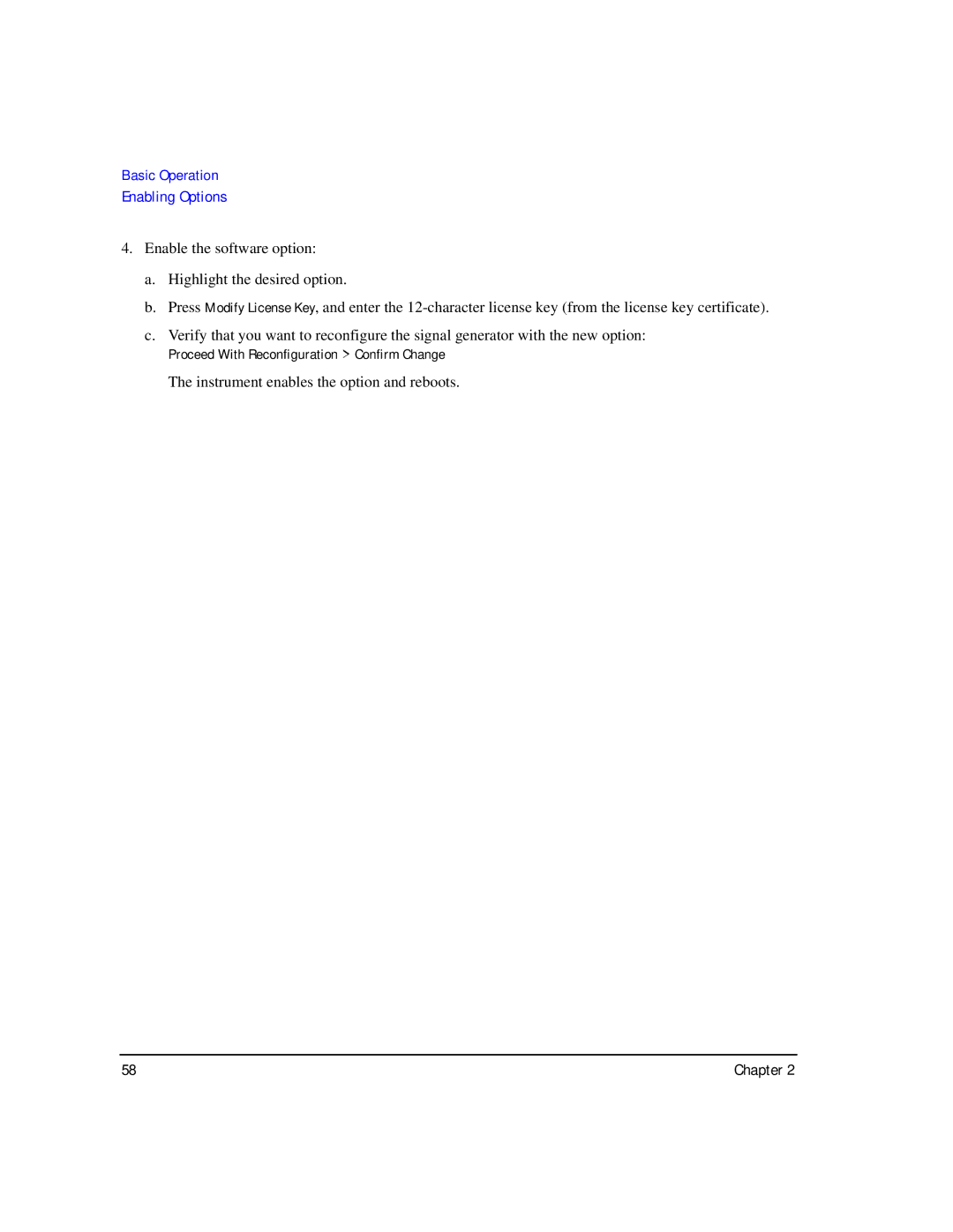 Agilent Technologies E8257C PSG, E8267C PSG, E8247C PSG CW manual Instrument enables the option and reboots 