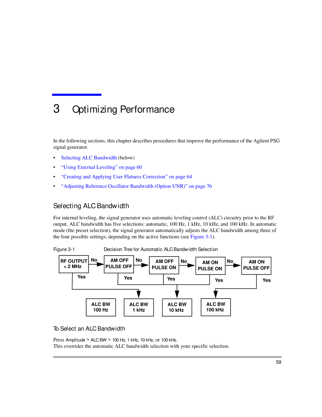 Agilent Technologies E8267C PSG, E8247C PSG CW, E8257C PSG manual Selecting ALC Bandwidth, To Select an ALC Bandwidth 