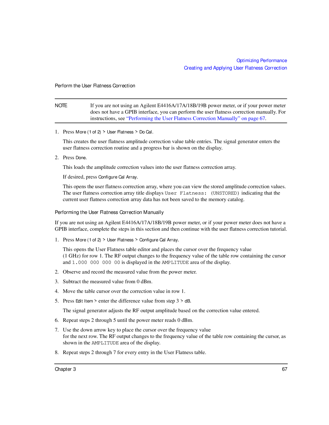 Agilent Technologies E8257C PSG Perform the User Flatness Correction, Performing the User Flatness Correction Manually 
