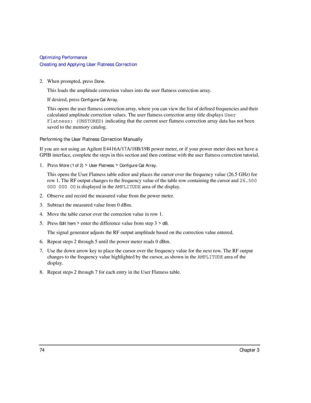 Agilent Technologies E8267C PSG, E8247C PSG CW, E8257C PSG manual Performing the User Flatness Correction Manually 