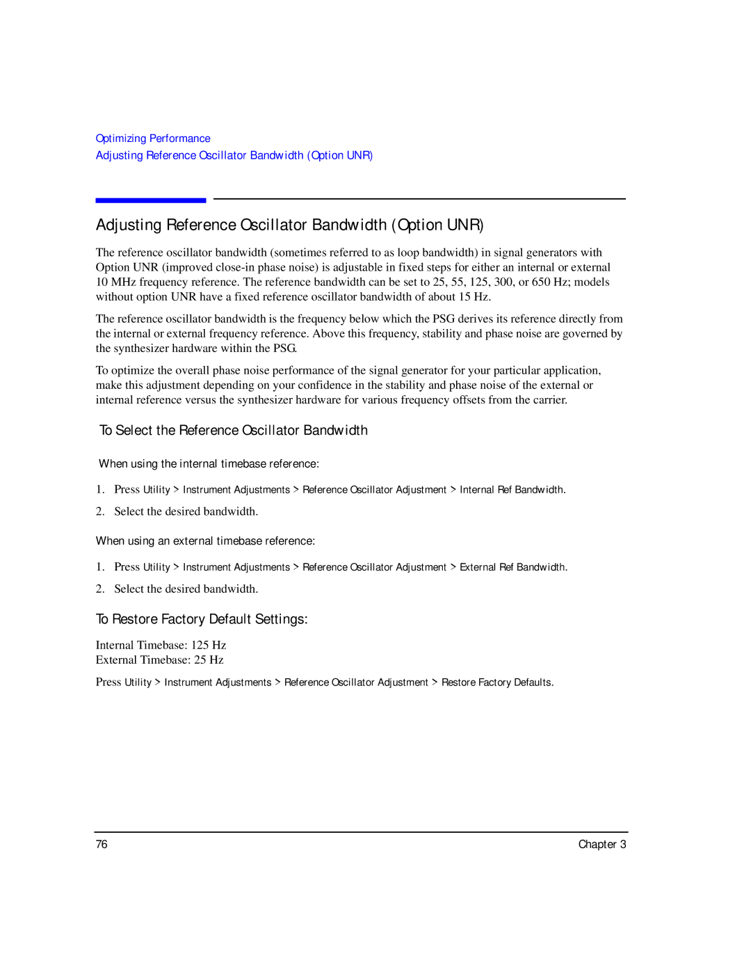 Agilent Technologies E8257C PSG Adjusting Reference Oscillator Bandwidth Option UNR, To Restore Factory Default Settings 