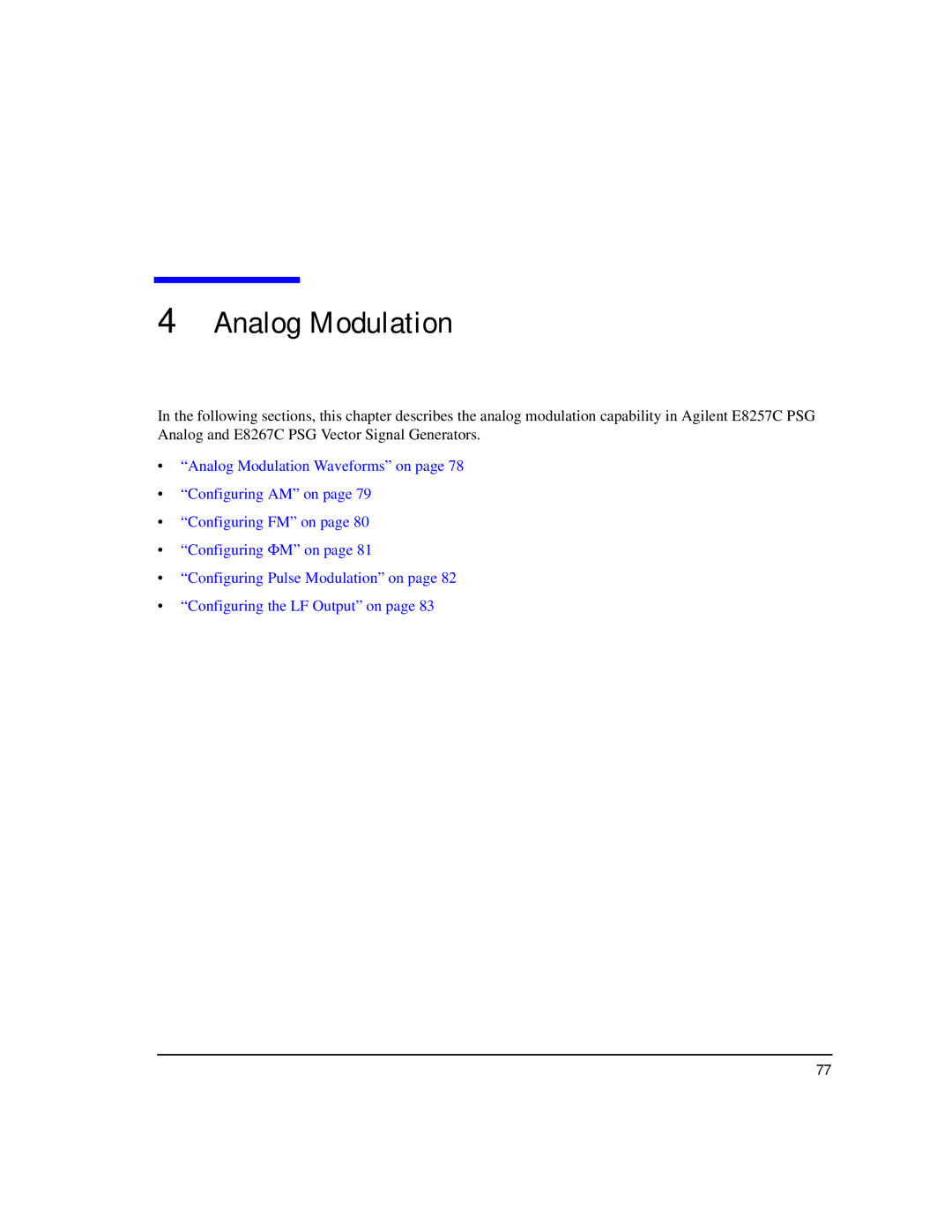 Agilent Technologies E8267C PSG, E8247C PSG CW, E8257C PSG manual Analog Modulation 