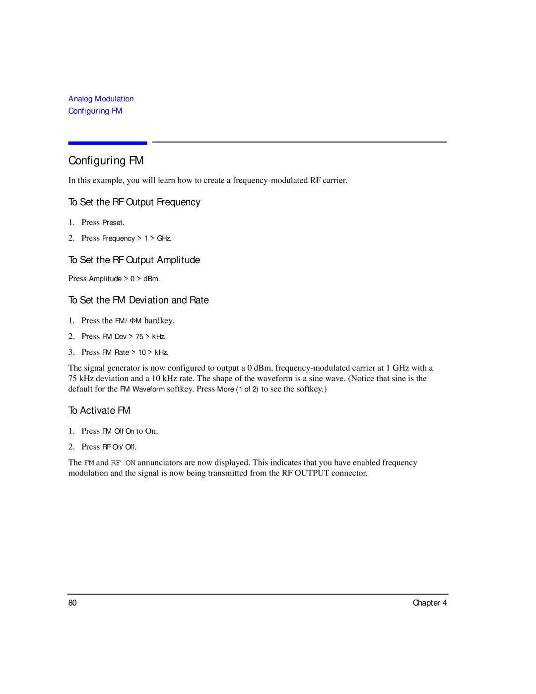 Agilent Technologies E8267C PSG manual Configuring FM, To Set the RF Output Frequency, To Set the FM Deviation and Rate 