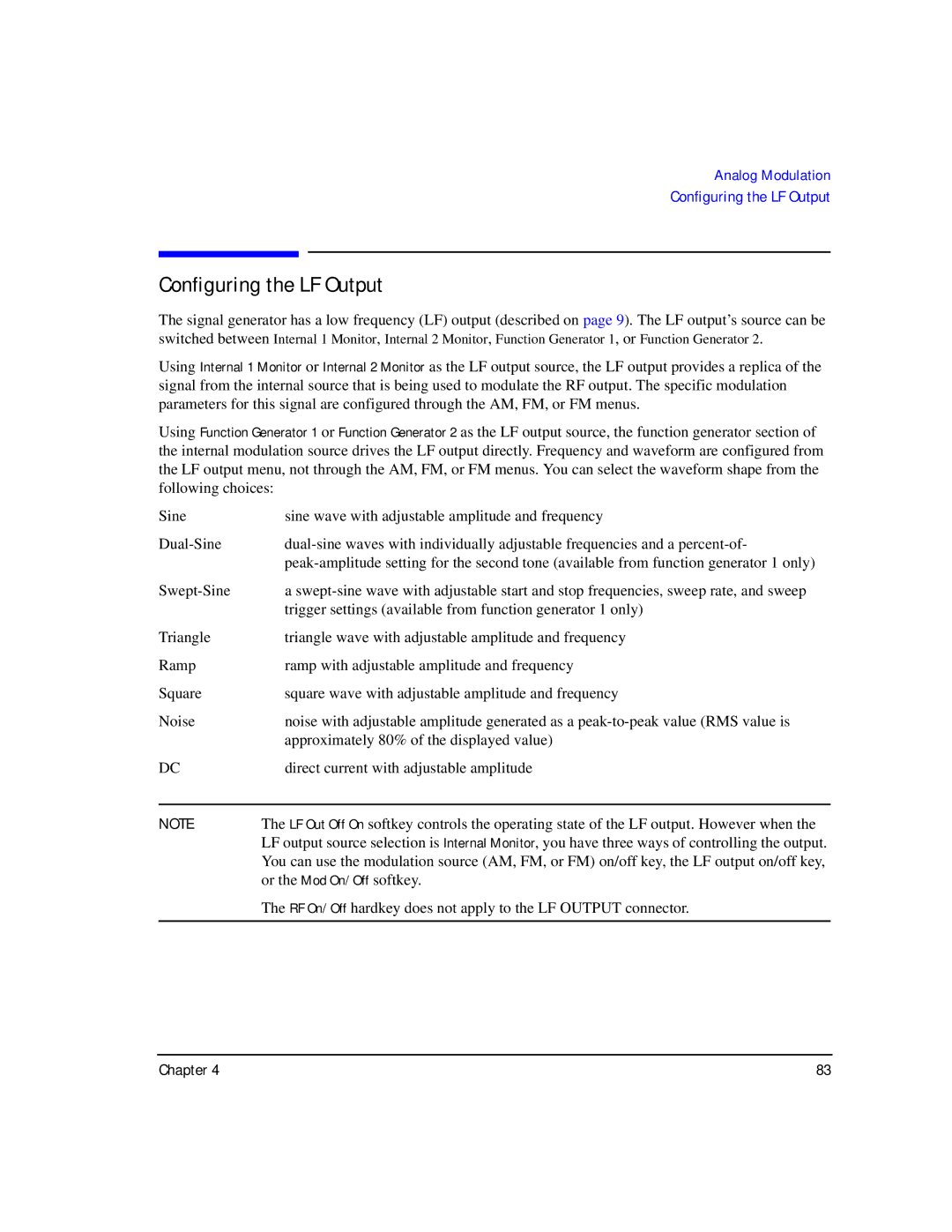 Agilent Technologies E8267C PSG, E8247C PSG CW, E8257C PSG manual Configuring the LF Output 