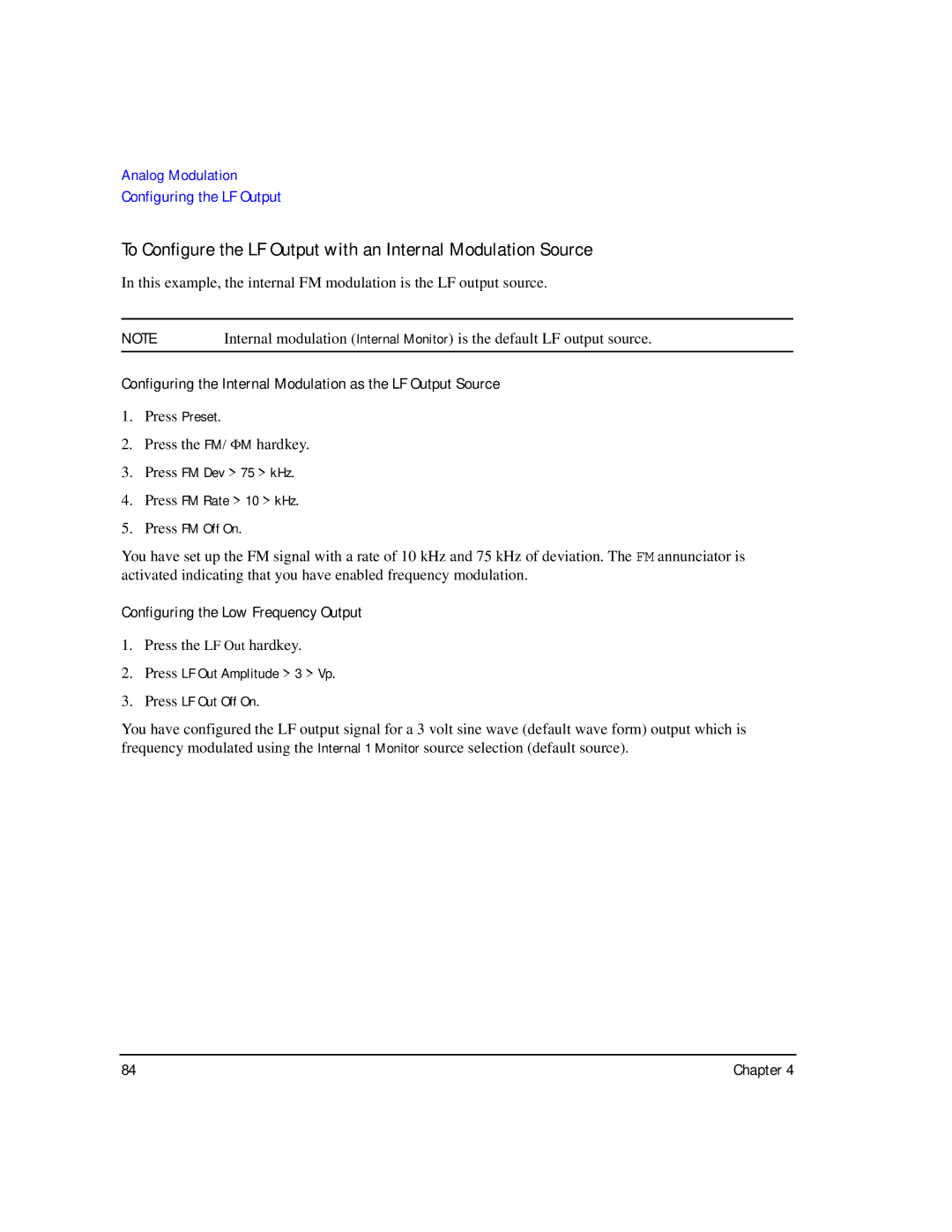 Agilent Technologies E8247C PSG CW, E8267C PSG, E8257C PSG manual Configuring the Internal Modulation as the LF Output Source 