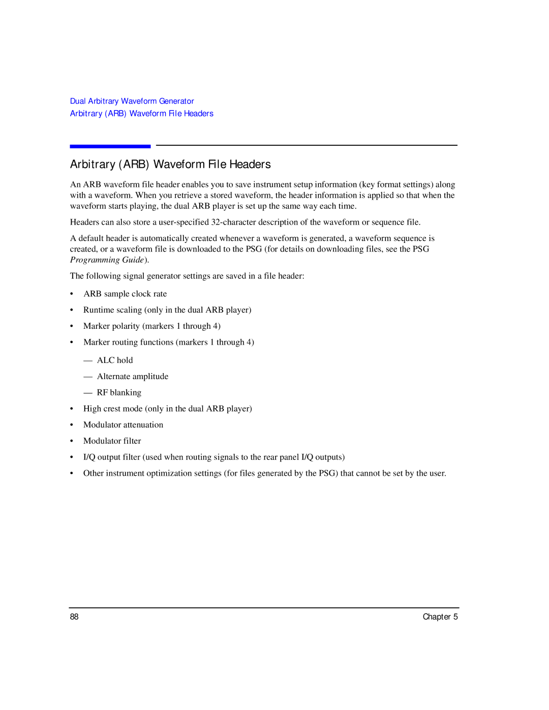 Agilent Technologies E8257C PSG, E8267C PSG, E8247C PSG CW manual Arbitrary ARB Waveform File Headers 