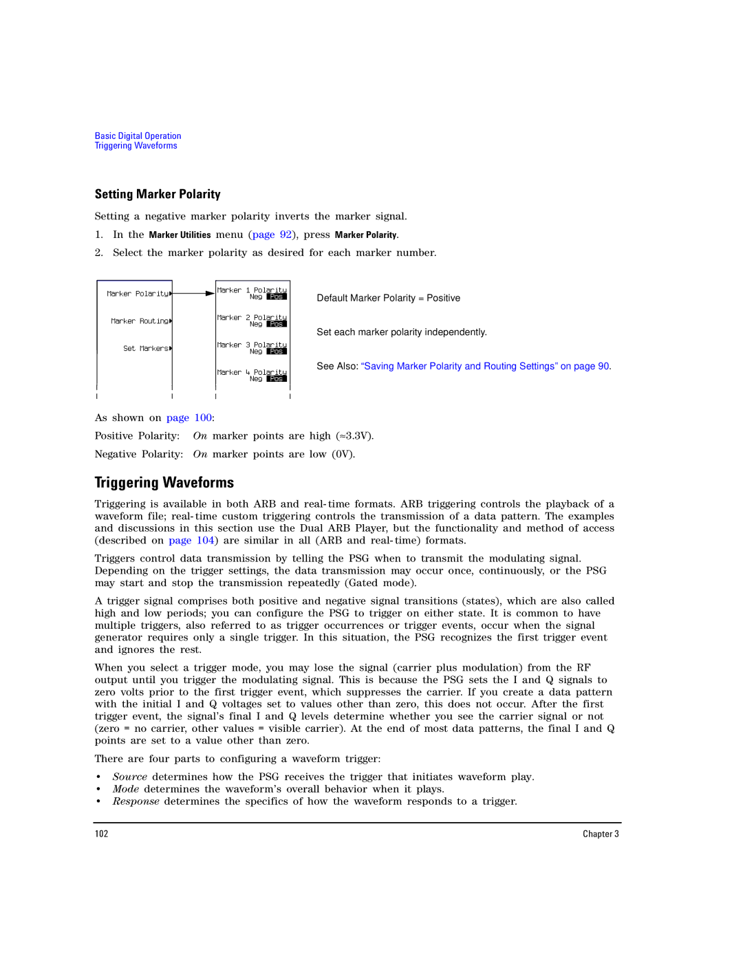 Agilent Technologies E8267D PSG, E8257D PSG manual Triggering Waveforms, Setting Marker Polarity 