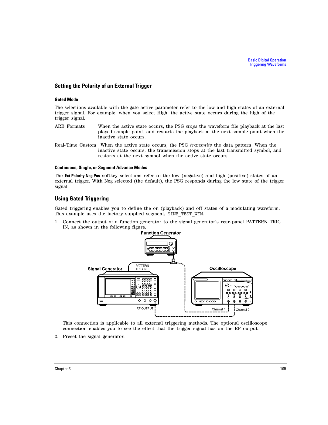 Agilent Technologies E8257D PSG manual Setting the Polarity of an External Trigger, Using Gated Triggering, Gated Mode 