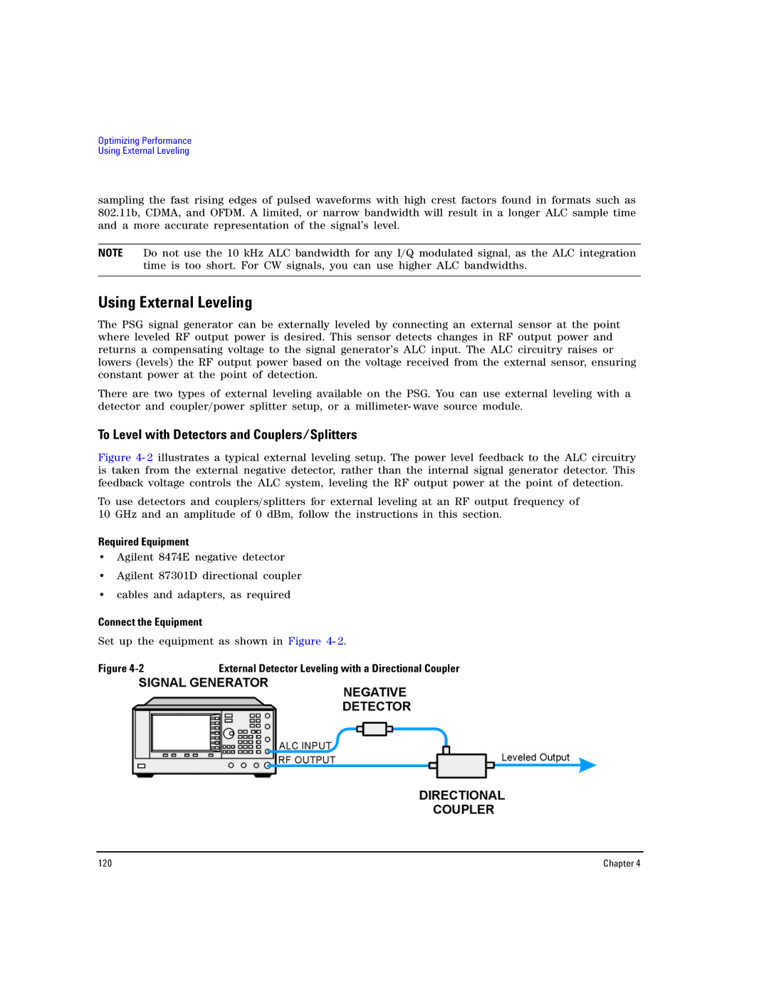 Agilent Technologies E8267D PSG, E8257D PSG manual Using External Leveling, To Level with Detectors and Couplers/Splitters 