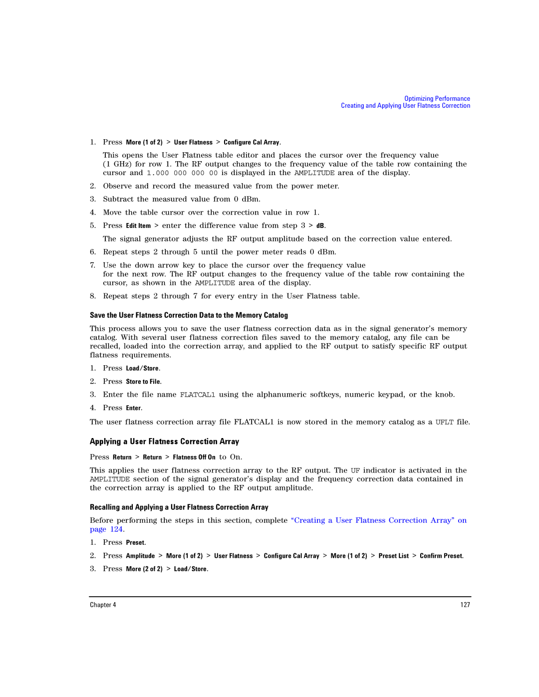 Agilent Technologies E8257D PSG Recalling and Applying a User Flatness Correction Array, Press More 2 of 2 Load/Store 