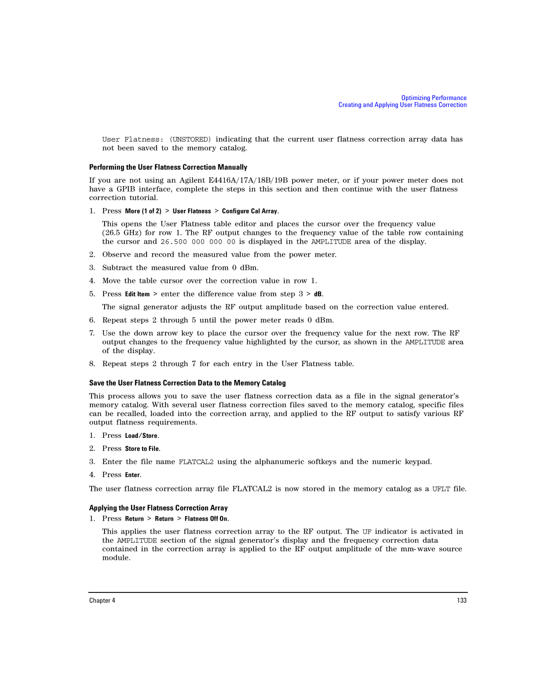 Agilent Technologies E8257D PSG manual Applying the User Flatness Correction Array, Press Return Return Flatness Off On 