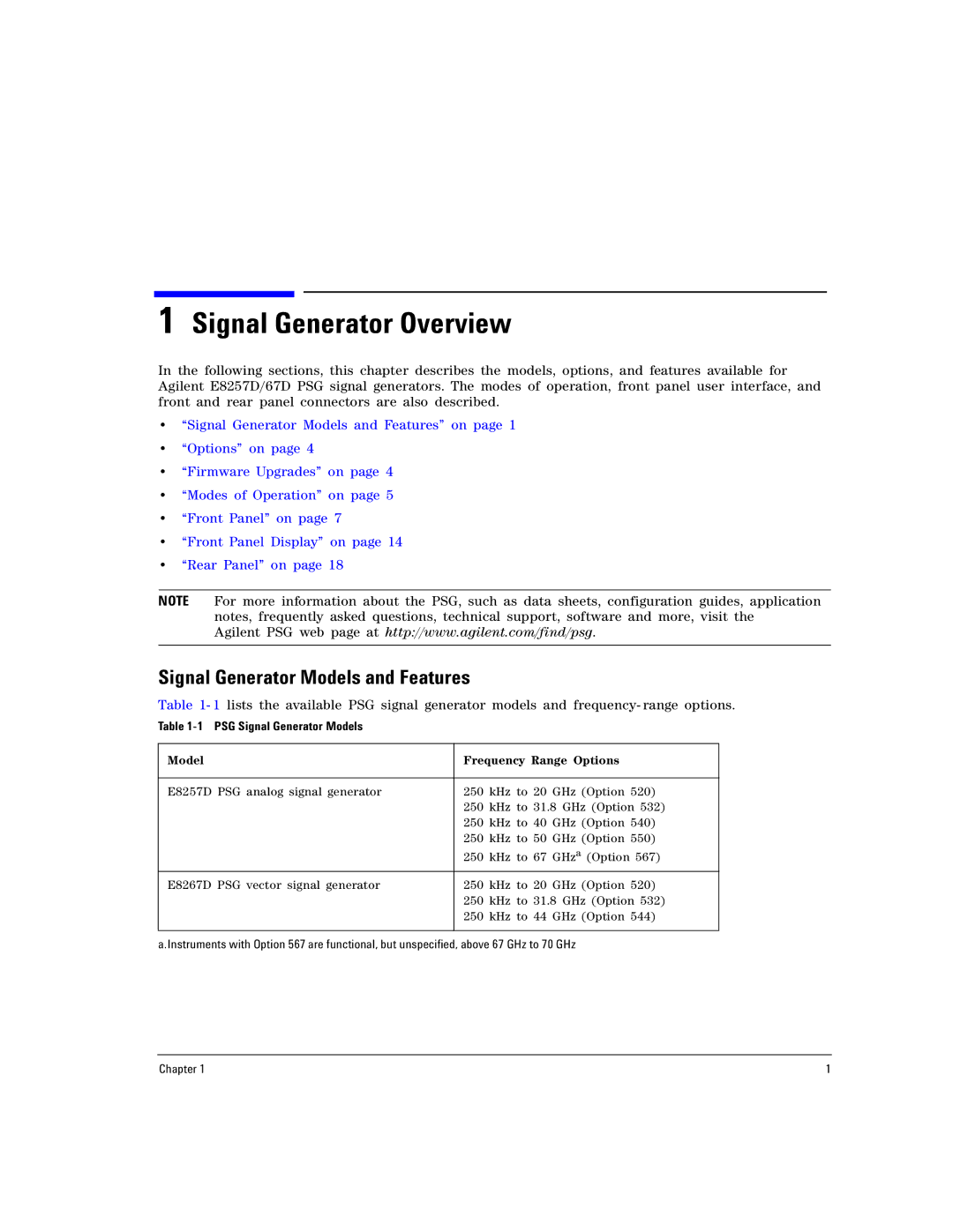 Agilent Technologies E8257D PSG, E8267D PSG manual Signal Generator Models and Features, PSG Signal Generator Models 