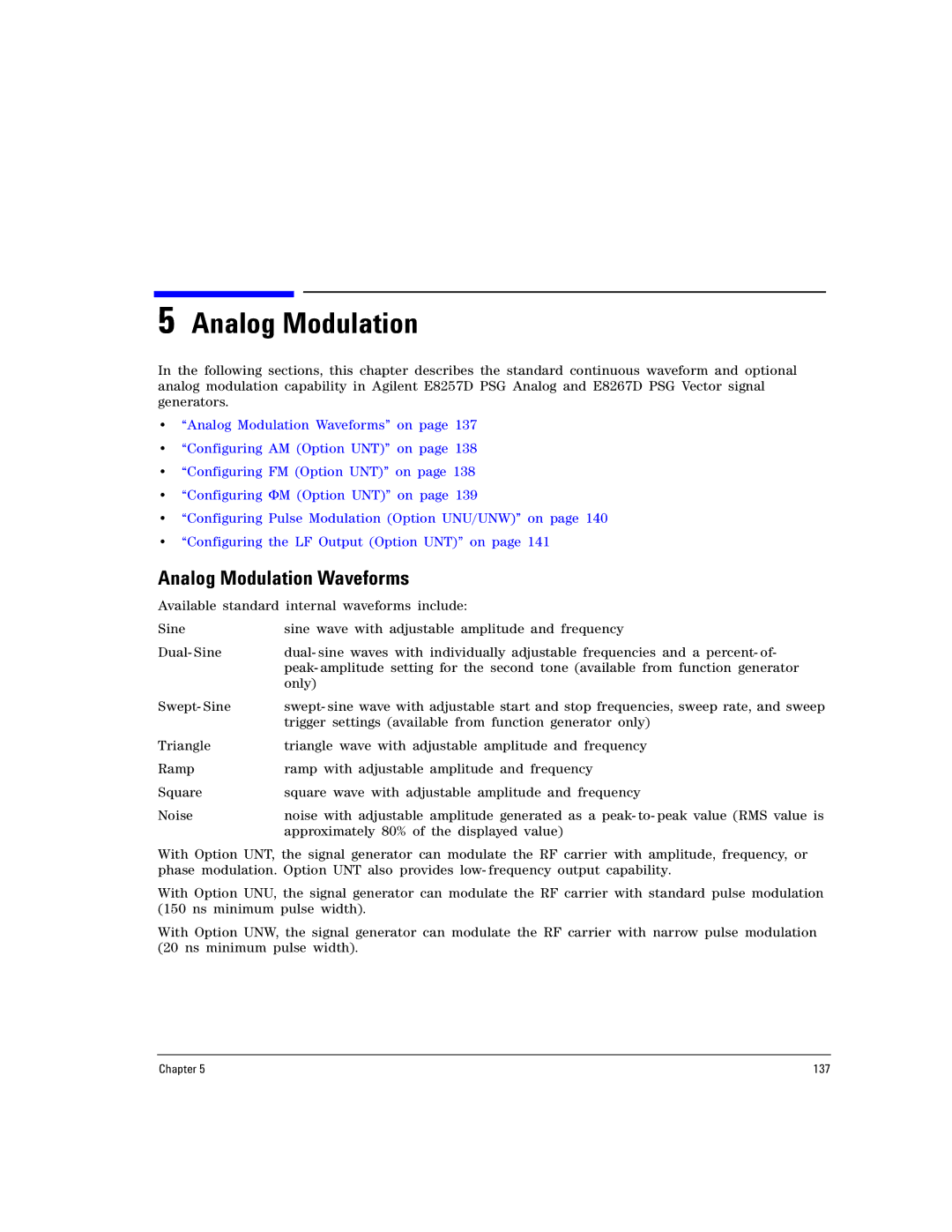 Agilent Technologies E8257D PSG, E8267D PSG manual Analog Modulation Waveforms 