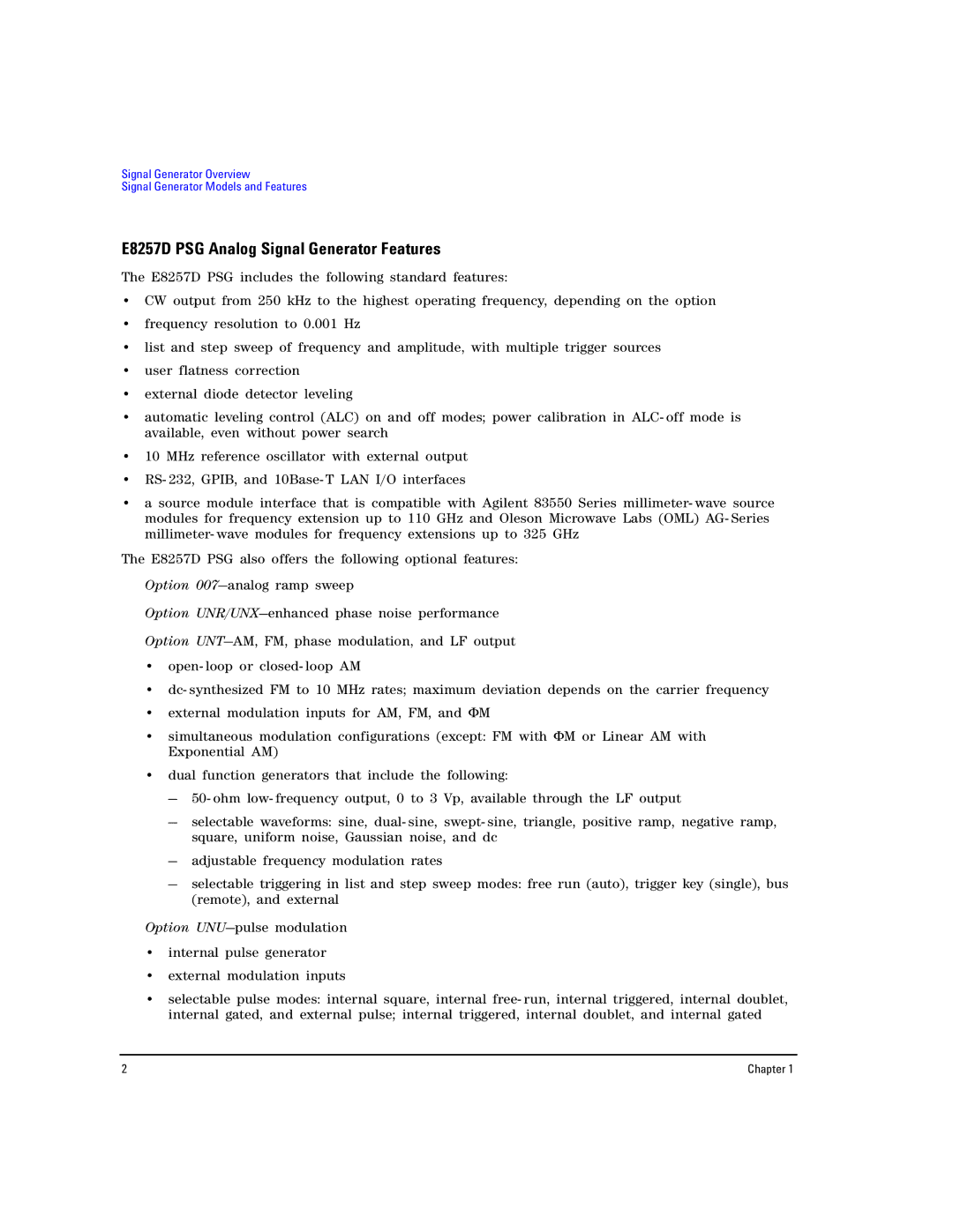 Agilent Technologies E8267D PSG manual E8257D PSG Analog Signal Generator Features 