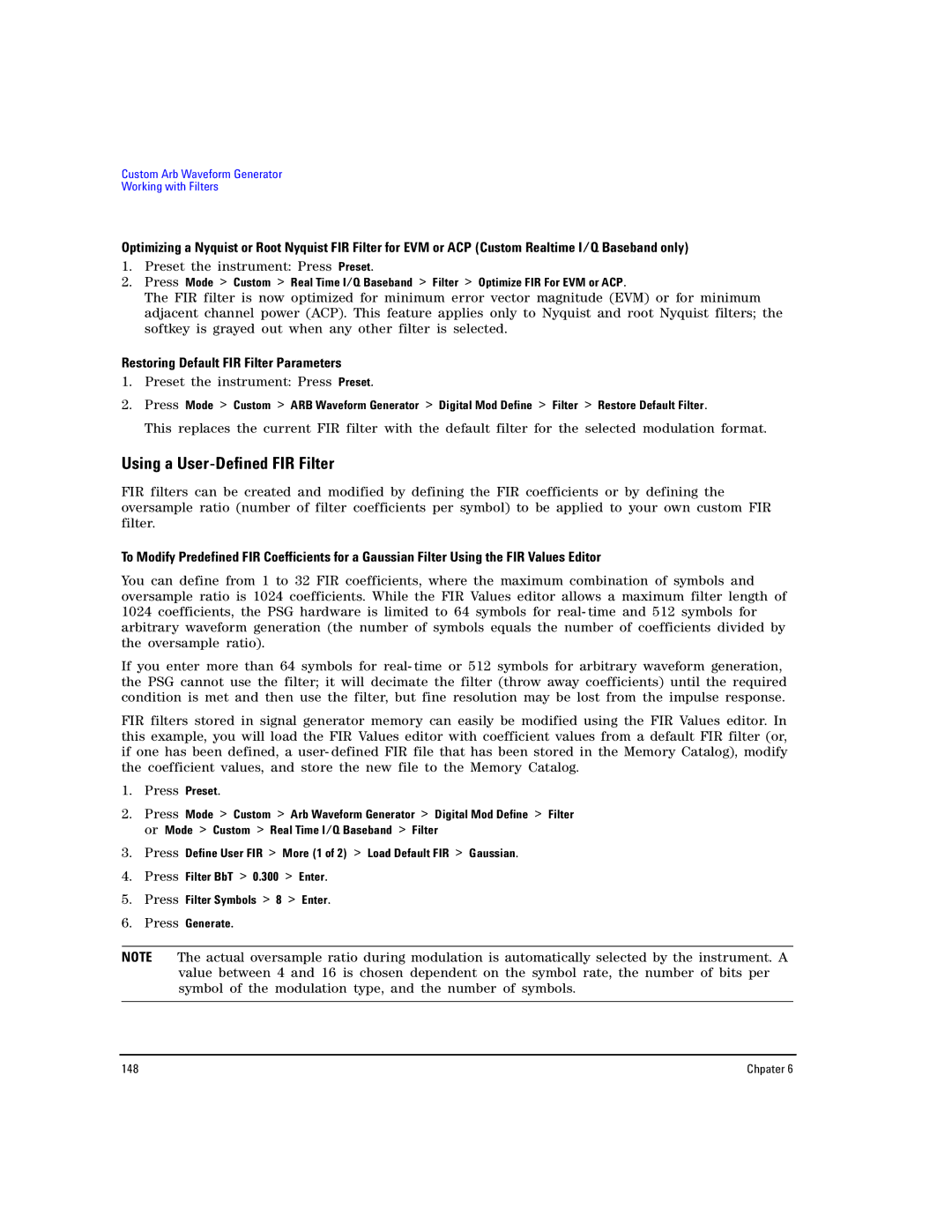 Agilent Technologies E8267D PSG, E8257D PSG manual Using a User-Defined FIR Filter, Restoring Default FIR Filter Parameters 