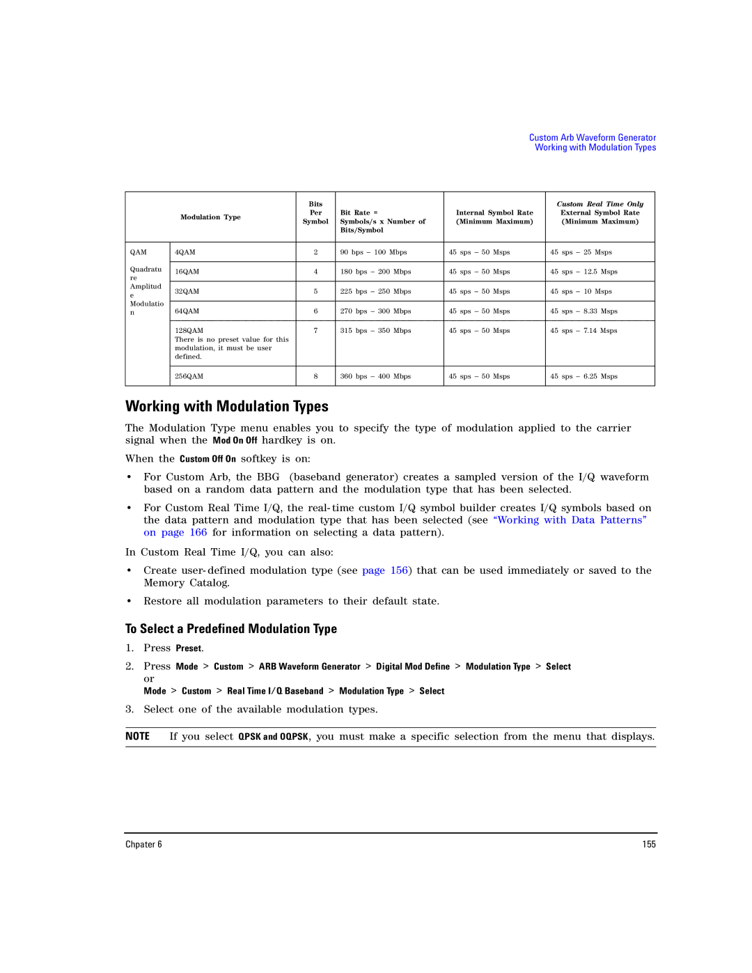 Agilent Technologies E8257D PSG, E8267D PSG manual Working with Modulation Types, To Select a Predefined Modulation Type 