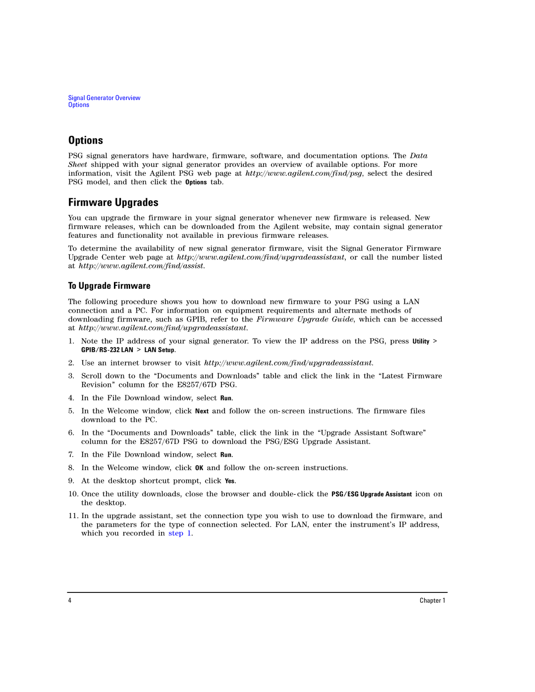 Agilent Technologies E8267D PSG, E8257D PSG manual Options Firmware Upgrades, To Upgrade Firmware, GPIB/RS-232 LAN LAN Setup 