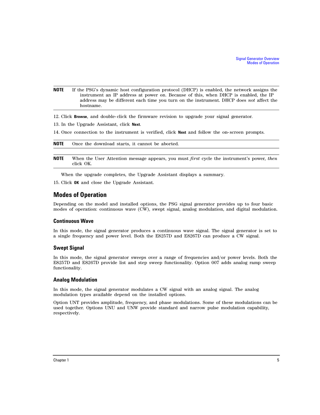 Agilent Technologies E8257D PSG, E8267D PSG manual Modes of Operation, Continuous Wave, Swept Signal, Analog Modulation 