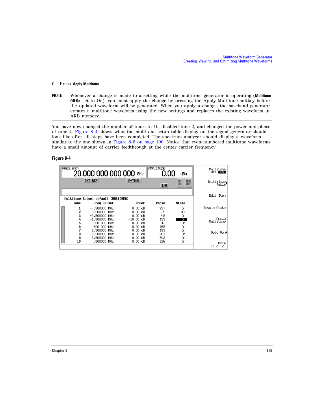 Agilent Technologies E8257D PSG, E8267D PSG manual Press Apply Multitone 