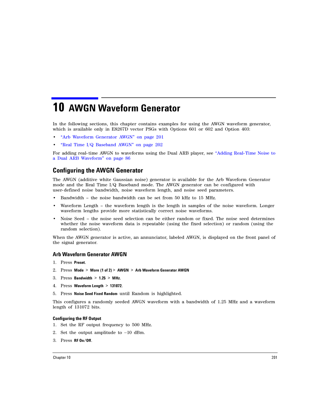 Agilent Technologies E8257D PSG Configuring the Awgn Generator, Arb Waveform Generator Awgn, Configuring the RF Output 