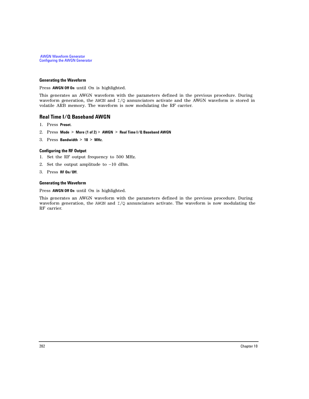 Agilent Technologies E8267D PSG, E8257D PSG manual Real Time I/Q Baseband Awgn, Generating the Waveform 