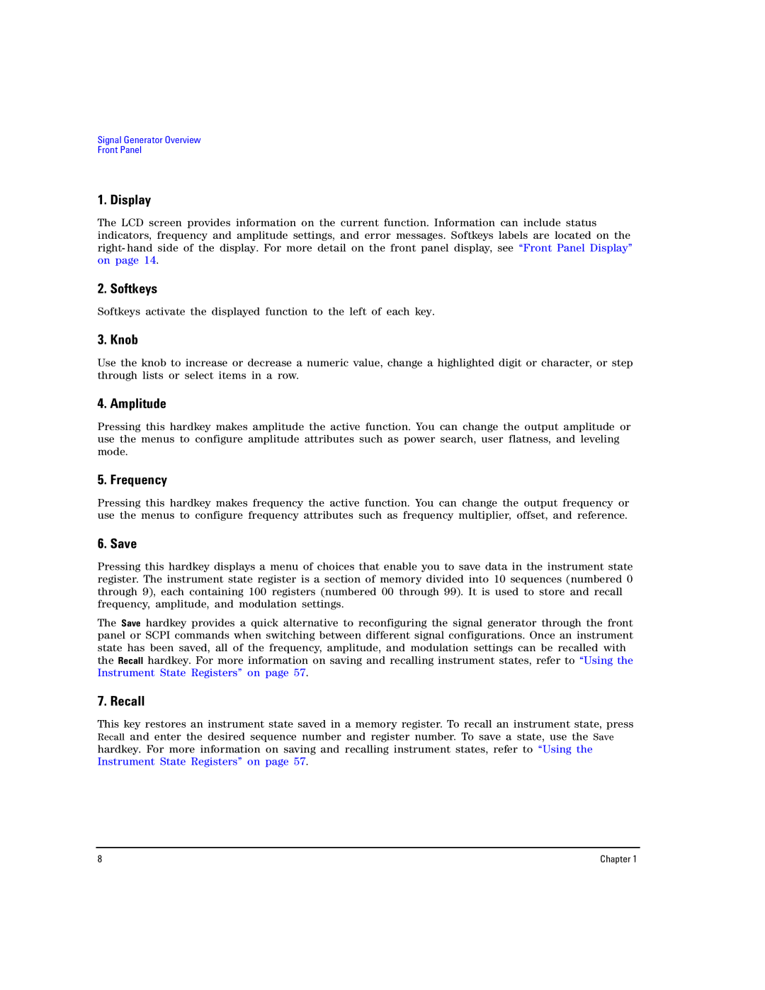 Agilent Technologies E8267D PSG, E8257D PSG manual Display, Softkeys, Knob, Amplitude, Frequency, Save, Recall 