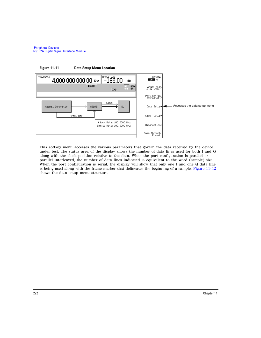 Agilent Technologies E8267D PSG, E8257D PSG manual Data Setup Menu Location 